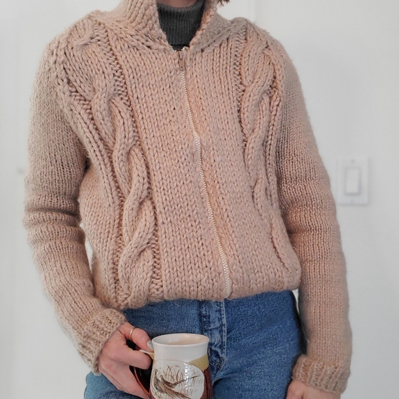VINTAGE Chunky Handmade Knit Zip-Up Sweater - Picture 5 of 11